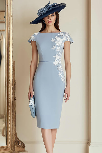 Dusty Blue Bodycon Floral Bateau Neck Midi Mother of the Bride Dress with Sleeves