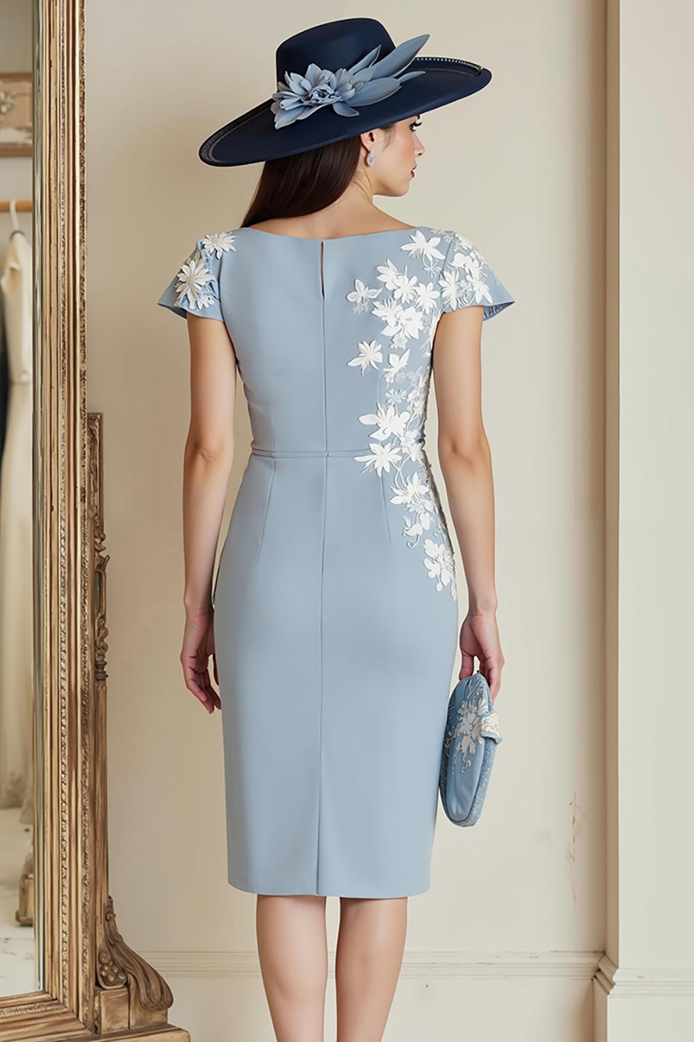 Dusty Blue Bodycon Floral Bateau Neck Midi Mother of the Bride Dress with Sleeves
