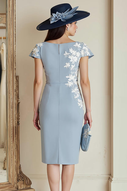 Dusty Blue Bodycon Floral Bateau Neck Midi Mother of the Bride Dress with Sleeves