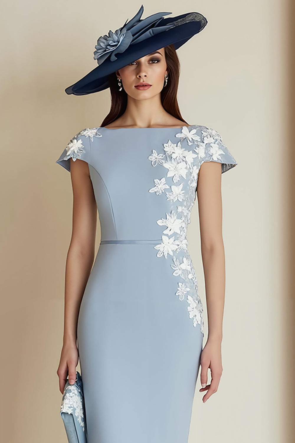Dusty Blue Bodycon Floral Bateau Neck Midi Mother of the Bride Dress with Sleeves