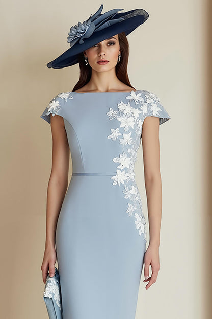 Dusty Blue Bodycon Floral Bateau Neck Midi Mother of the Bride Dress with Sleeves