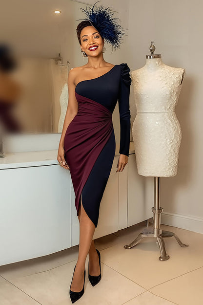 Burgundy Navy One Shoulder Ruched Midi Mother of the Bride Dress with Sleeves