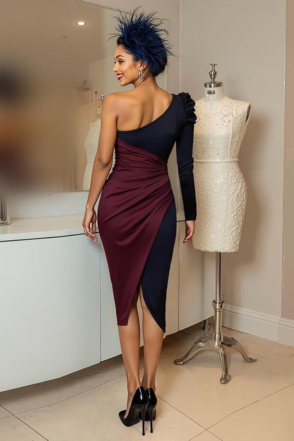 Burgundy Navy One Shoulder Ruched Midi Mother of the Bride Dress with Sleeves