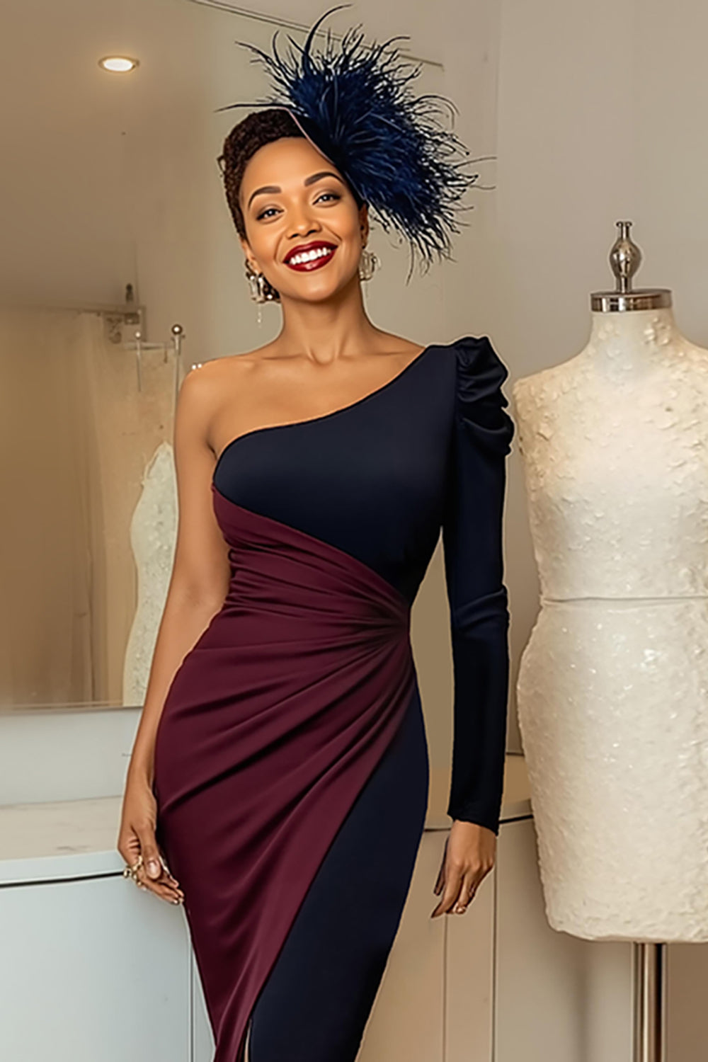 Burgundy Navy One Shoulder Ruched Midi Mother of the Bride Dress with Sleeves