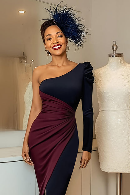 Burgundy Navy One Shoulder Ruched Midi Mother of the Bride Dress with Sleeves
