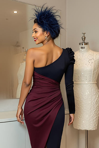 Burgundy Navy One Shoulder Ruched Midi Mother of the Bride Dress with Sleeves