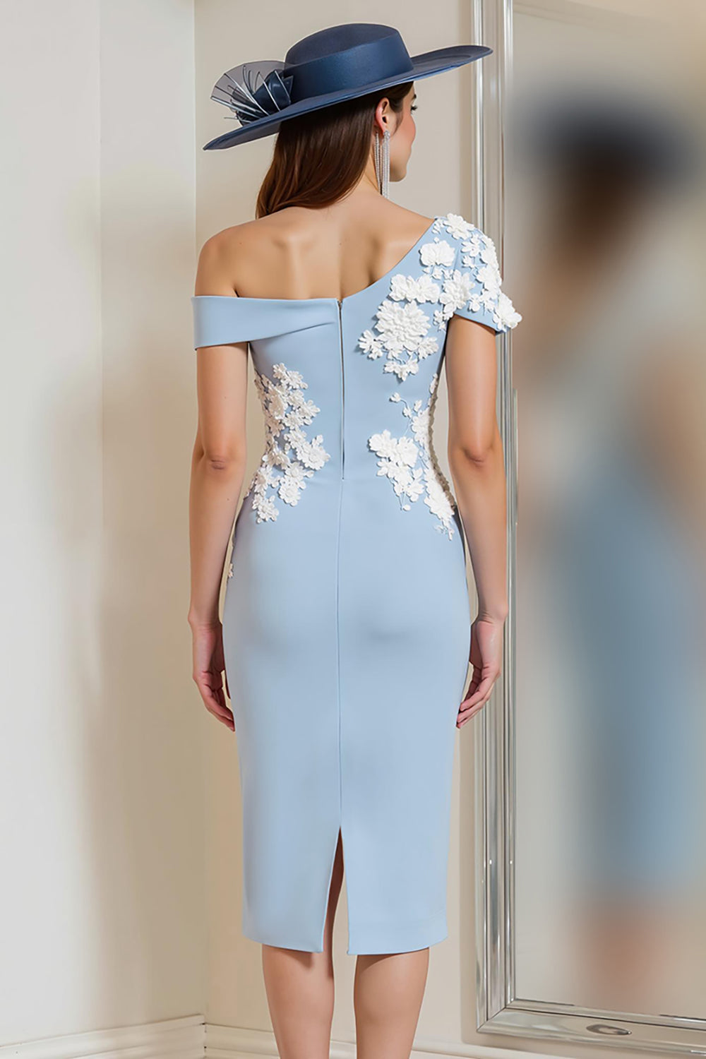 Light Blue Bodycon One Shoulder Floral Midi Mother of the Bride Dress with Slit