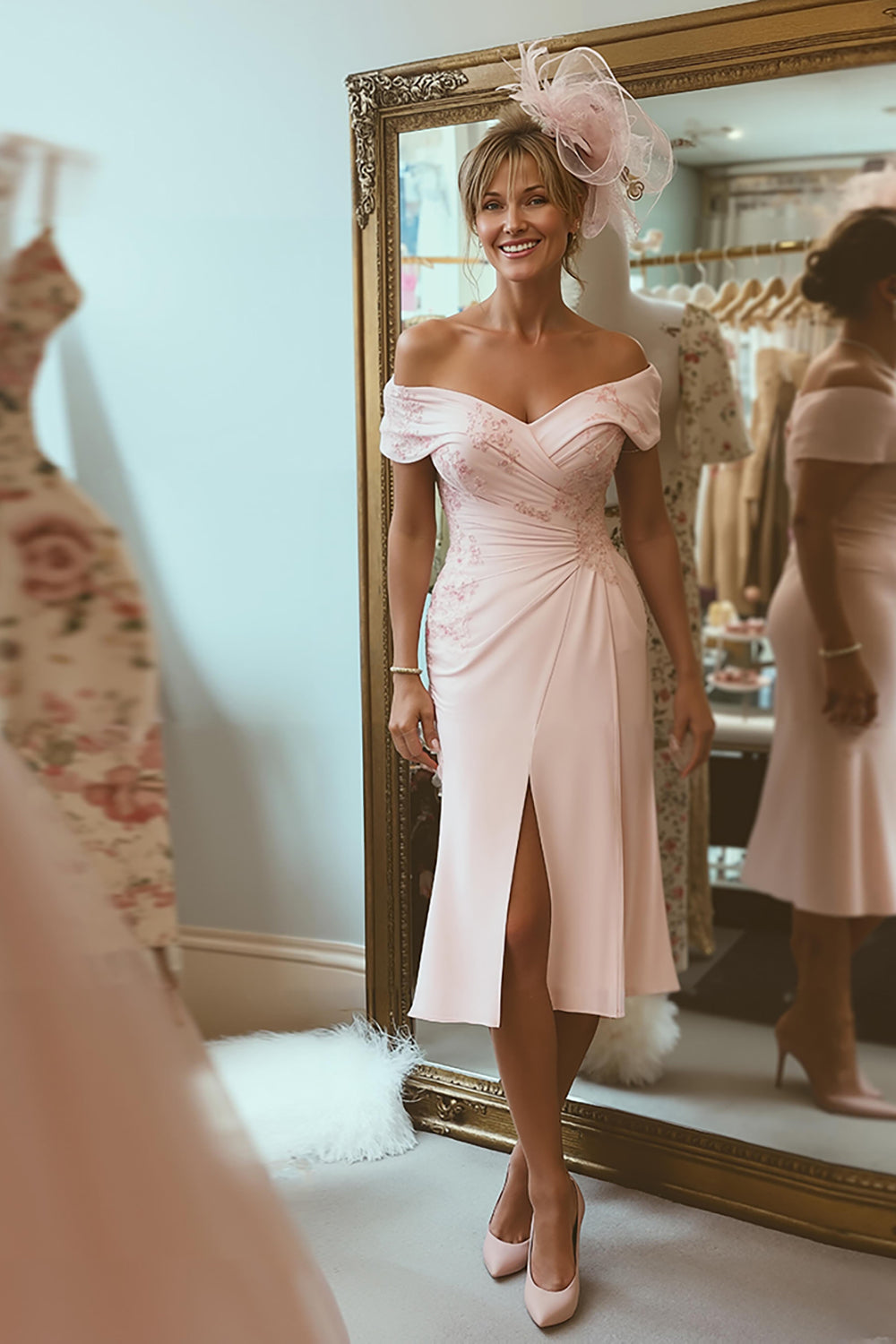 Blush Pink Ruched Off the Shoulder Midi Mother of the Bride Dress with Slit