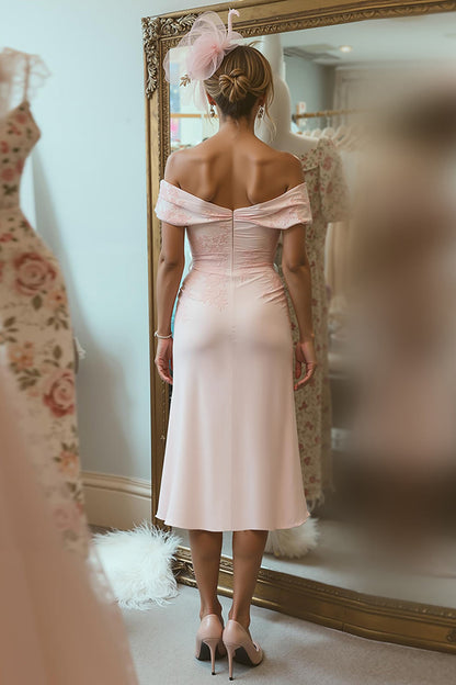 Blush Pink Ruched Off the Shoulder Midi Mother of the Bride Dress with Slit