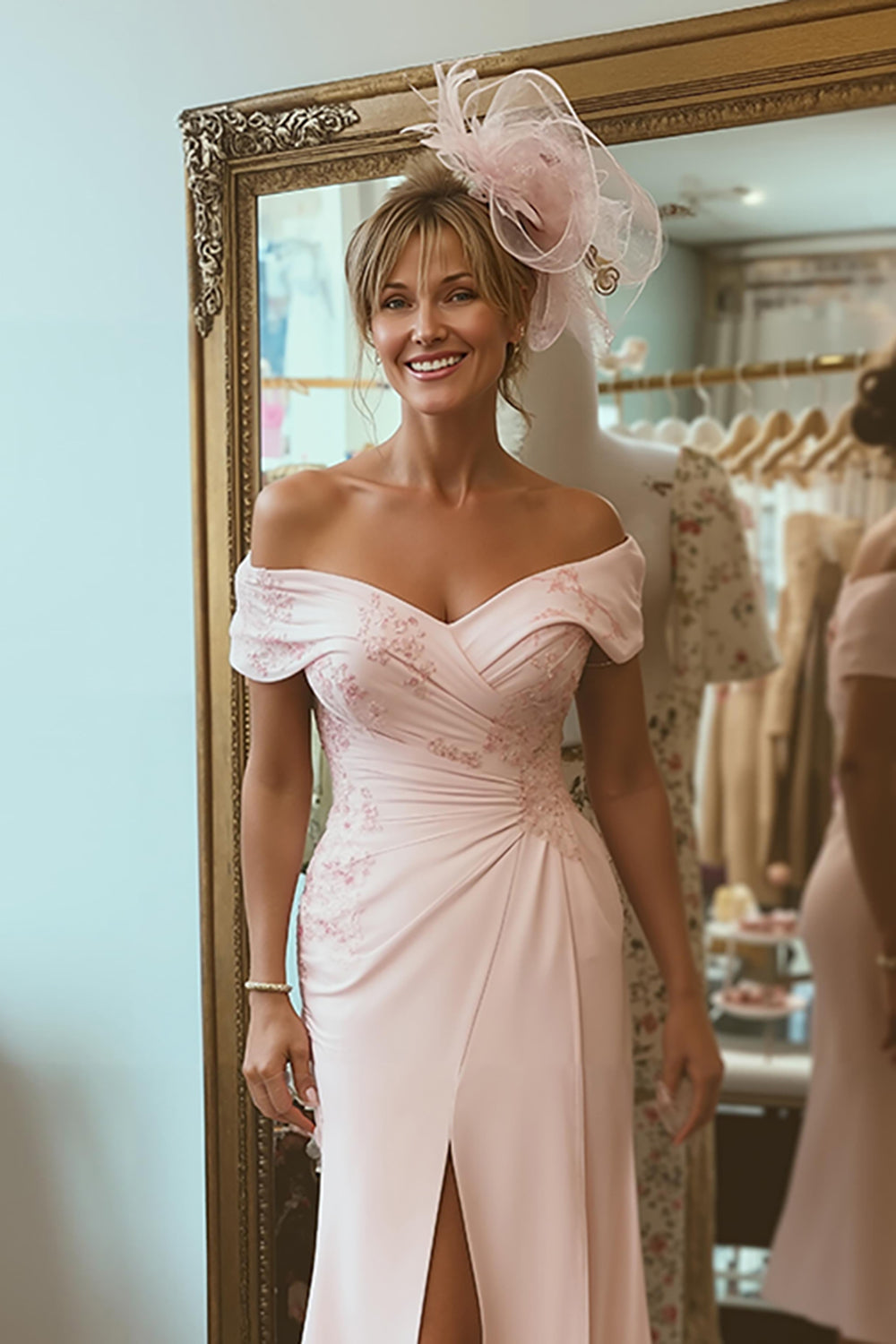 Blush Pink Ruched Off the Shoulder Midi Mother of the Bride Dress with Slit