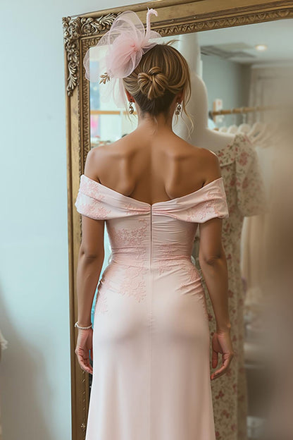 Blush Pink Ruched Off the Shoulder Midi Mother of the Bride Dress with Slit