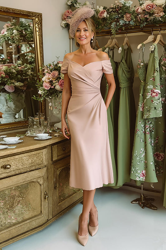 Dusty Rose Satin Ruched Off the Shoulder Midi Mother of the Bride Dress
