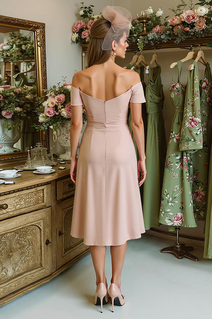 Dusty Rose Satin Ruched Off the Shoulder Midi Mother of the Bride Dress