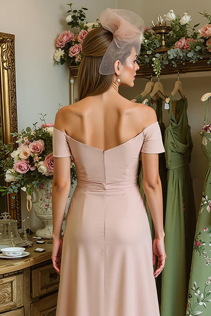 Dusty Rose Satin Ruched Off the Shoulder Midi Mother of the Bride Dress