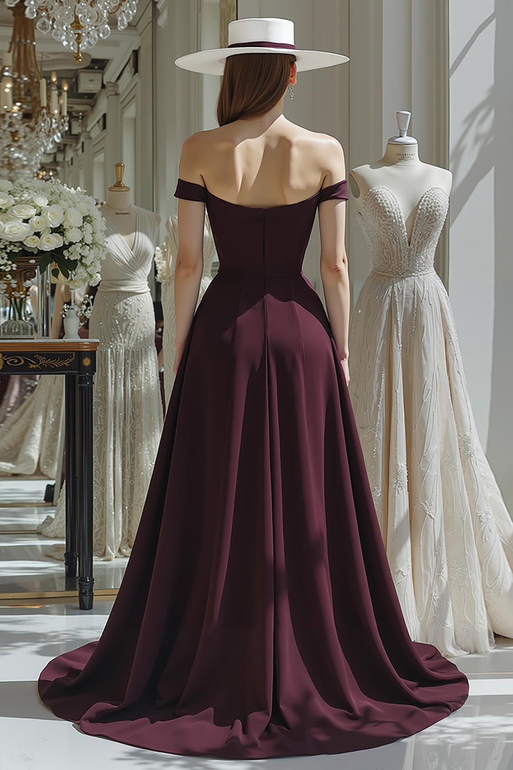 Cabernet A Line Satin Off the Shoulder Long Mother of the Bride Jumpsuits