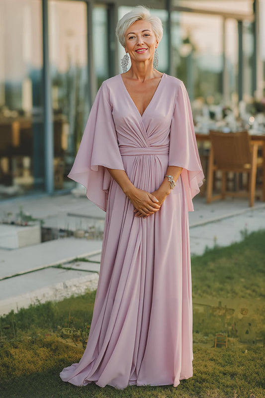 Dusty Rose V-Neck Flowy Long Mother of the Bride Dress with Sleeves