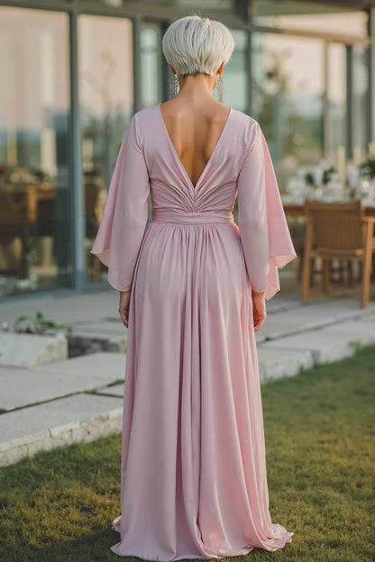 Dusty Rose V-Neck Flowy Long Mother of the Bride Dress with Sleeves
