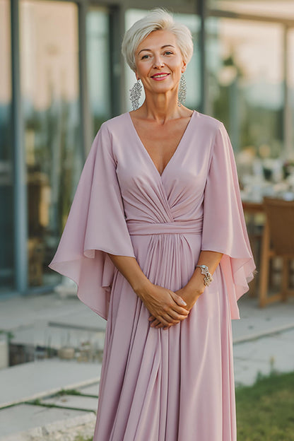 Dusty Rose V-Neck Flowy Long Mother of the Bride Dress with Sleeves