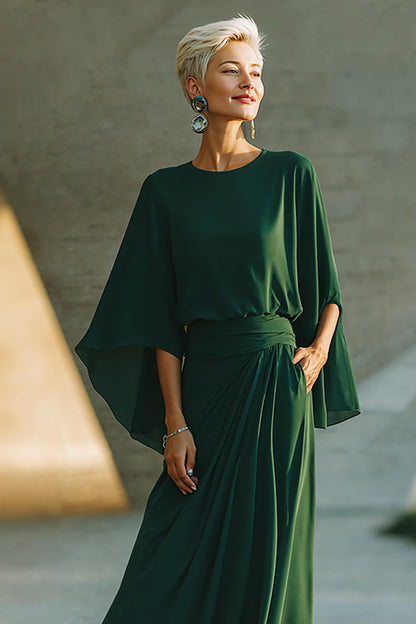 Dark Green Flowy Round Neck Long Mother of the Bride Dress with Pockets