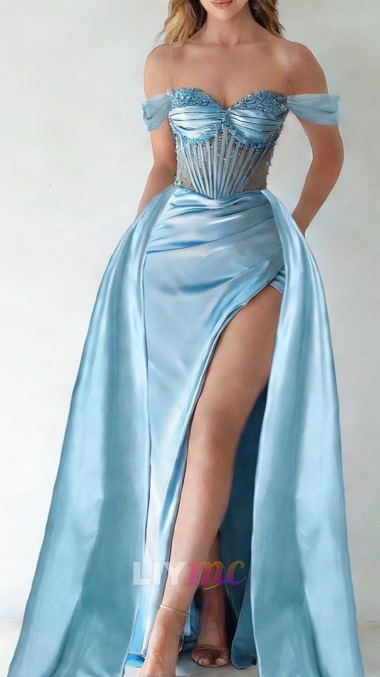 Off-Shoulder Corset Beaded Satin Sheath Prom Dress