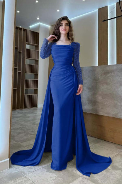 Long Sleeves Square Neck Long Mermaid Prom Dress With Pleated