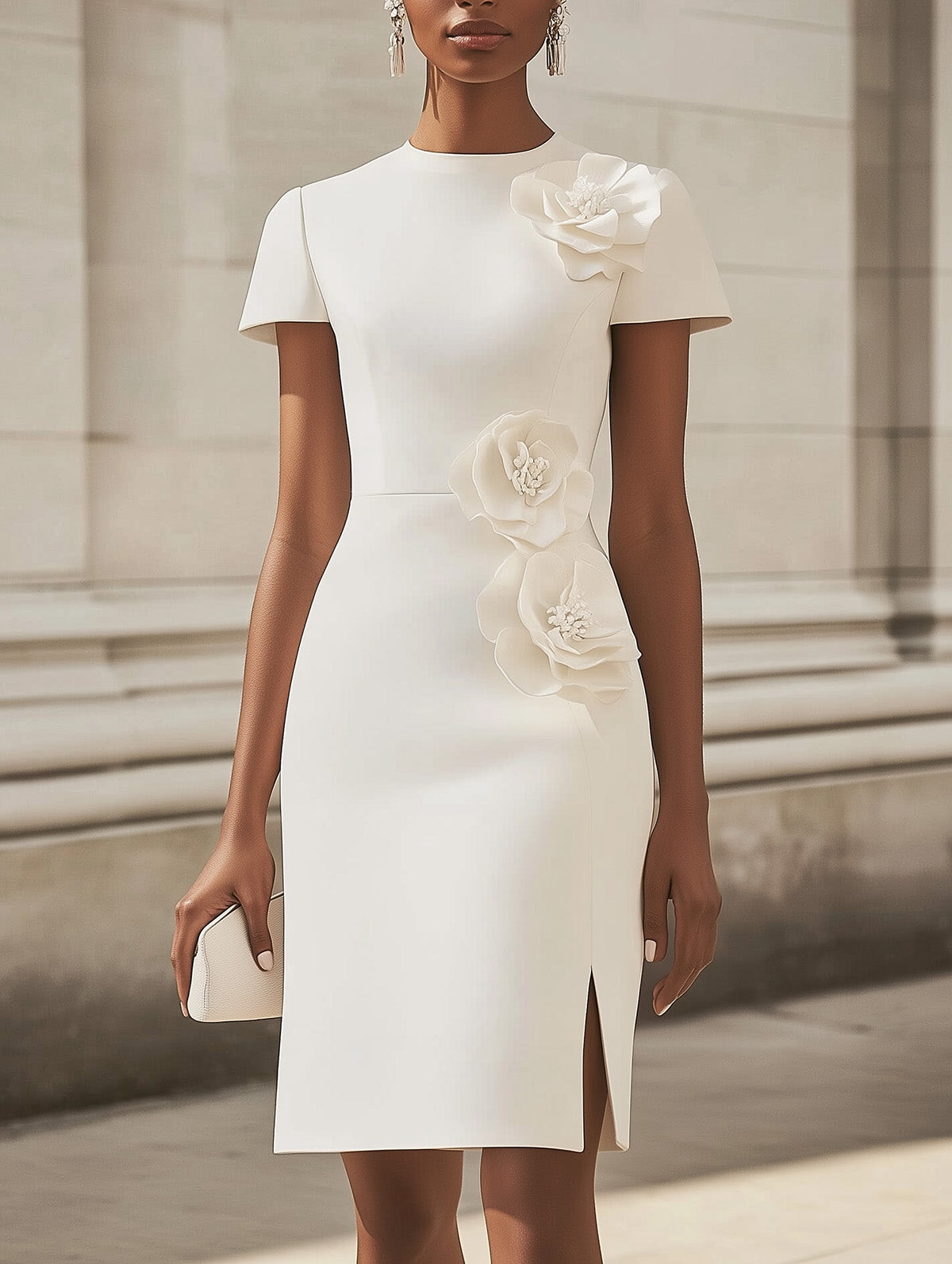 Women's Stylish White Midi Dress With Side Slit And 3D Flower Detail Mini Dress