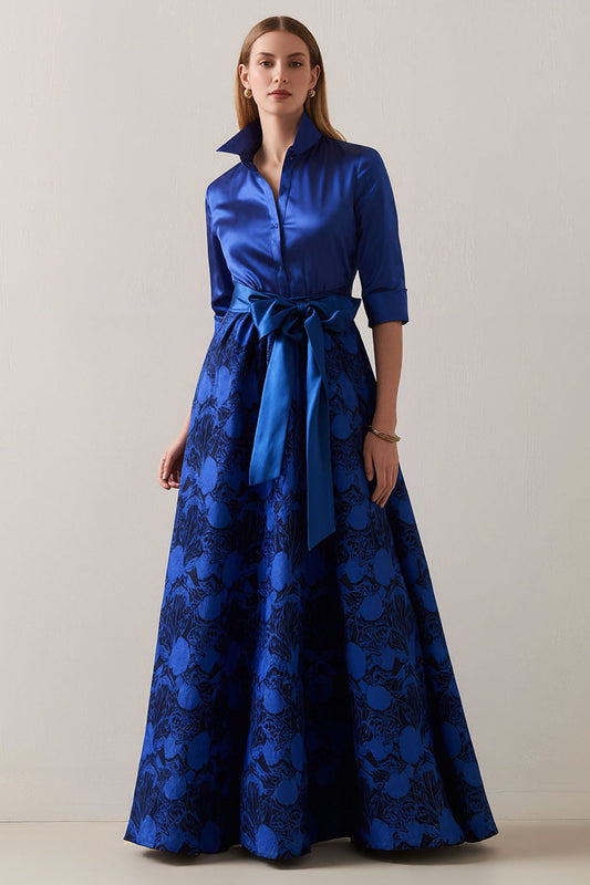 Royal Blue A-Line Floral Half Sleeves Long Mother Of The Bride Dress with Sash