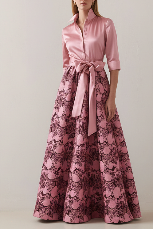Royal Blue A-Line Floral Half Sleeves Long Mother Of The Bride Dress with Sash