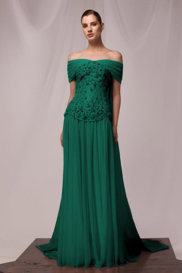 Chiffon Off-The-Shoulder Sleeveless Pleated Long Prom Dress With Applique