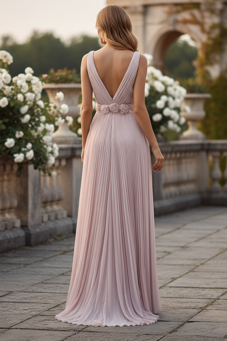 V-Neck Sleeveless Pleated A-Line Evening Dress