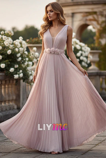 V-Neck Sleeveless Pleated A-Line Evening Dress
