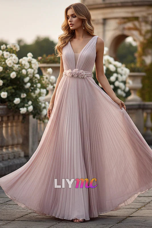 V-Neck Sleeveless Pleated A-Line Evening Dress