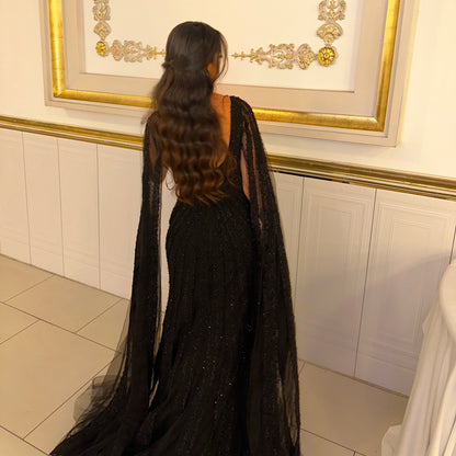 V-Neck Long Sleeves Beaded Embroidery Mermaid Evening Dress