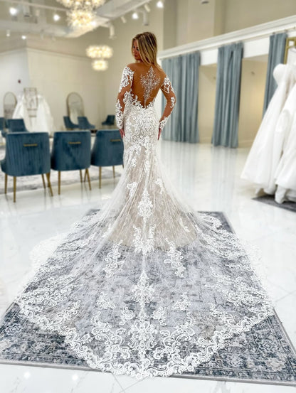 Off Shoulder Long Sleeves Tulle Lace Appliqued Mermaid Wedding Dresses for Bride