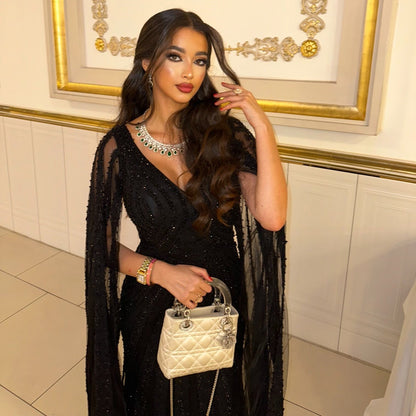 V-Neck Long Sleeves Beaded Embroidery Mermaid Evening Dress