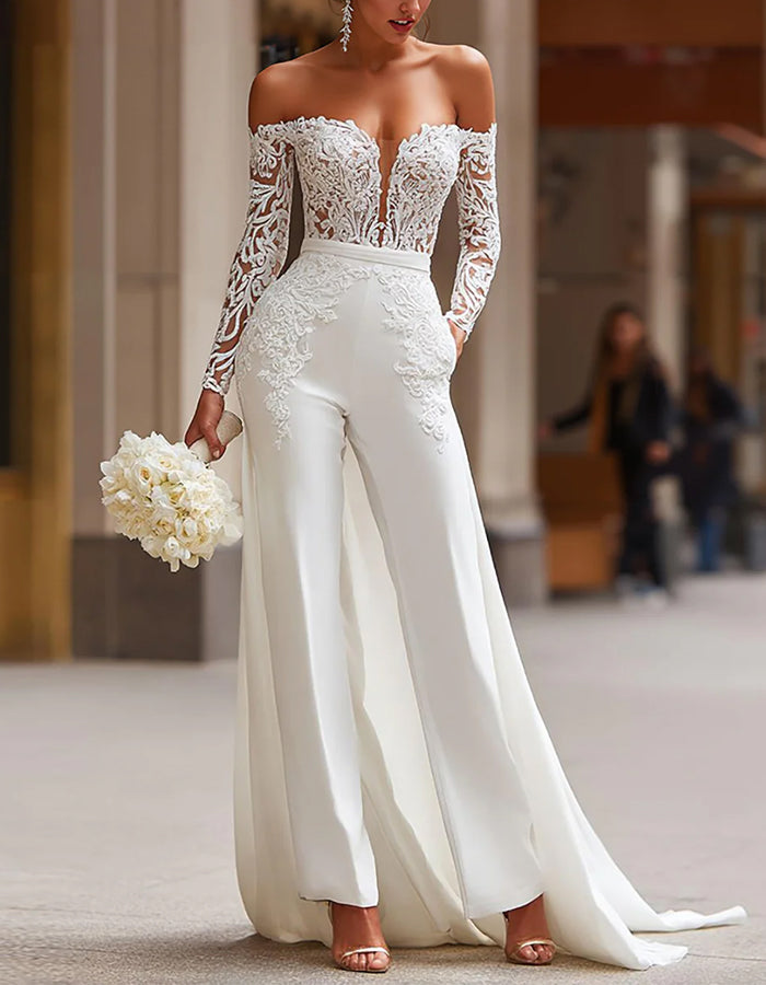 long sleeve jumpsuit wedding dress Floor-Length V-Neck 3/4 Elegant Reception Outfit COCOMELODY CW3561, 25 Days / As Picture:Ivory/Champagne / US12-UK14-EUR42 Appliques Lace Trend Collections White Long Sleeve Applique Lace