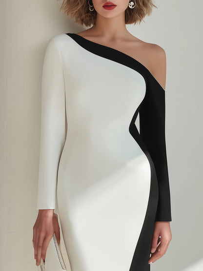 Black And White One-Shoulder Colorblock Midi Dress