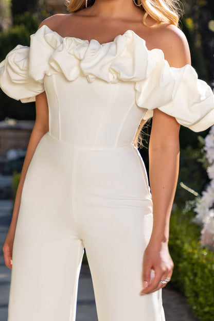 Enchanted | Ivory Puff Bardot Wide Leg Jumpsuit