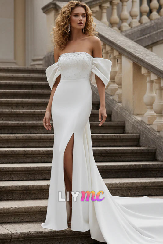 Straight Across Beaded Mermaid Evening Dress