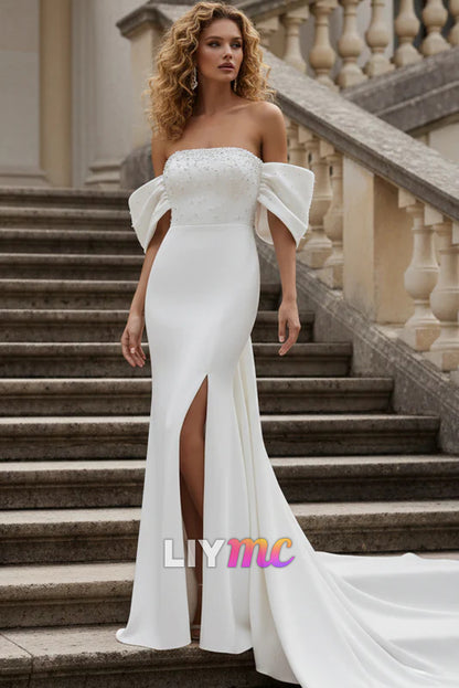 Straight Across Beaded Mermaid Evening Dress