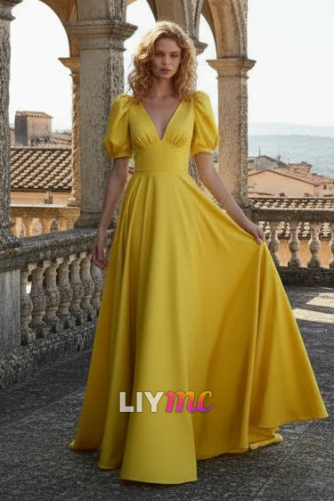 V-Neck Short Sleeves A-Line Prom Dress