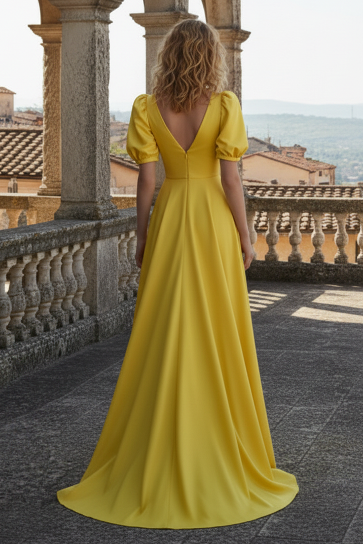 V-Neck Short Sleeves A-Line Prom Dress