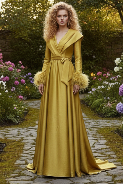V-Neck Long Sleeves Feathered A-Line Evening Dress