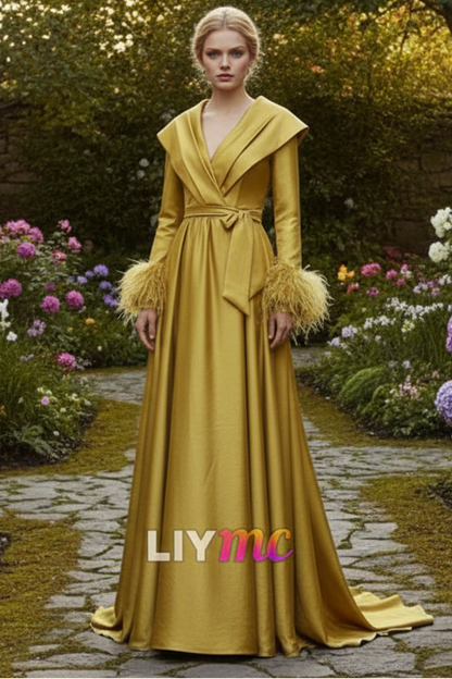 V-Neck Long Sleeves Feathered A-Line Evening Dress