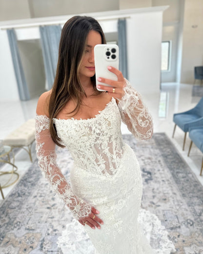 Mermaid Tulle Lace Appliqued Long Sleeves Bride Wedding Dresses Boho Wedding Gowns