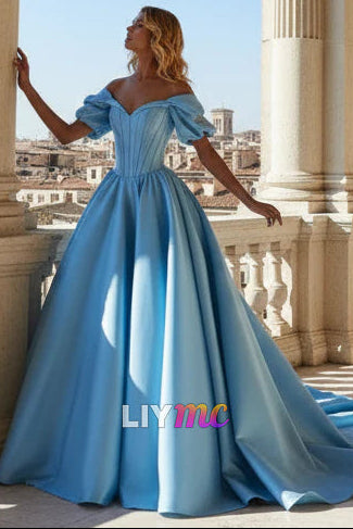 Off-Shoulder Short Sleeves A-Line Prom  Dress
