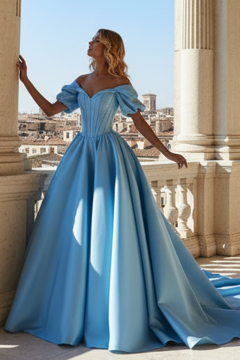 Off-Shoulder Short Sleeves A-Line Prom  Dress