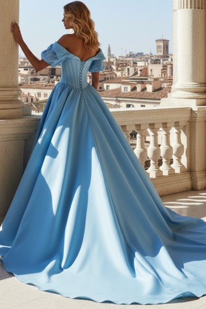 Off-Shoulder Short Sleeves A-Line Prom  Dress