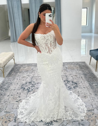 Mermaid Tulle Lace Appliqued Long Sleeves Bride Wedding Dresses Boho Wedding Gowns