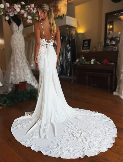 Mermaid Satin V Neck Beach Wedding Dresses Lace Appliqued Wedding Gowns for Bride